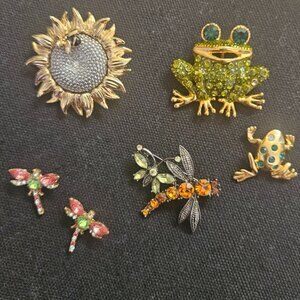 Vintage Rhinestone Brooch Flower Insects Critters Gold Tone Lot of 6 READ